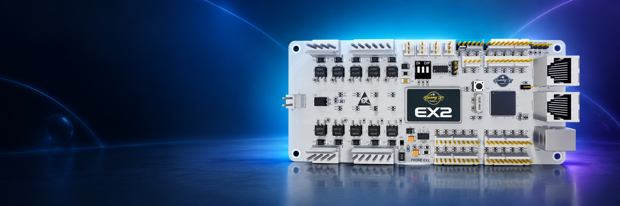 PKONE EX2 controller against a blue illuminated background